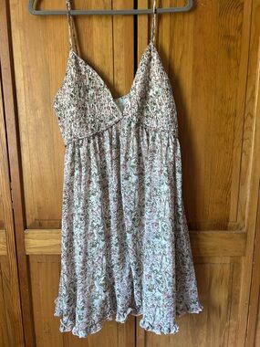 She + Sky Cream Floral Spaghetti-Strap Dress with Pink Accents